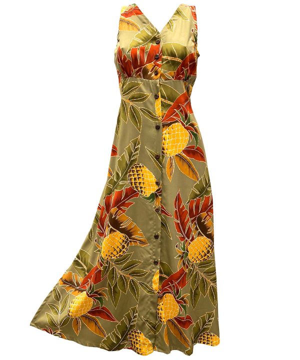 Hawaiian Retro Pineapple Olive Button Front Tank Dress