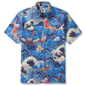 Hawaiian Shirt for Men with Sea Deity Print - Short Sleeve Button-Down Aloha Shirt for Casual Beach and Travel Wear