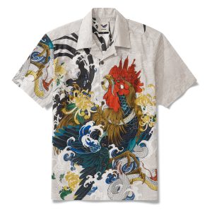Hawaiian Shirt for Men - Short Sleeve Camp Collar Aloha Shirt with Rooster and Surf Print in Beige