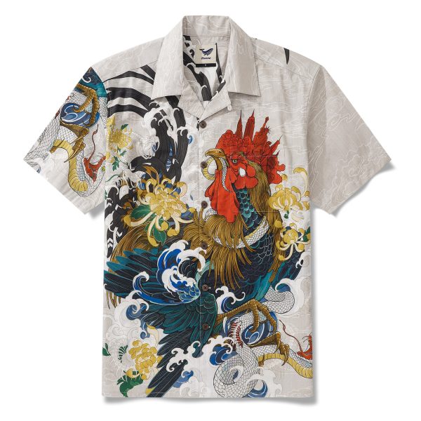 Hawaiian Shirt for Men - Short Sleeve Camp Collar Aloha Shirt with Rooster and Surf Print in Beige