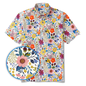 Hawaiian Shirt for Men with Aloha Floral Bookmark Print - Beige Short Sleeve Button-Down Shirt for Casual Beach and Travel Wear