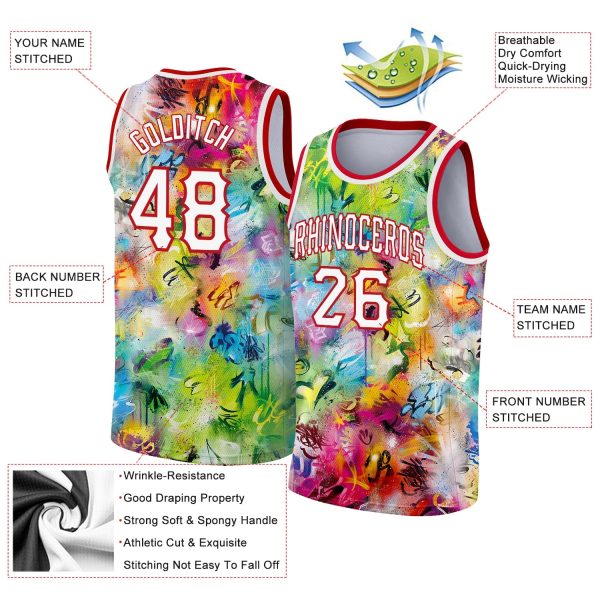 Scratch Graffiti Pattern White-Red 3D Authentic Personalized Basketball Jersey - Image 2
