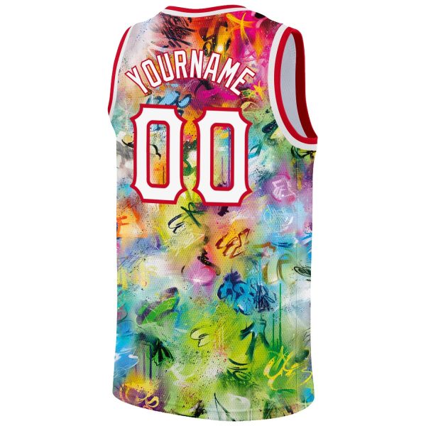 Scratch Graffiti Pattern White-Red 3D Authentic Personalized Basketball Jersey - Image 6