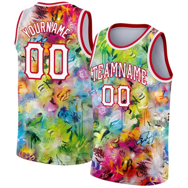 Scratch Graffiti Pattern White-Red 3D Authentic Personalized Basketball Jersey