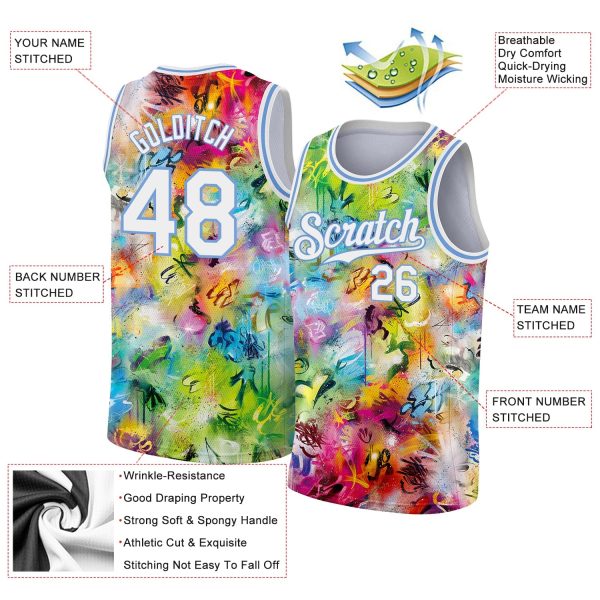 Scratch Graffiti Pattern White-Light Blue 3D Authentic Personalized Basketball Jersey - Image 2