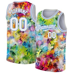 Scratch Graffiti Pattern White-Light Blue 3D Authentic Personalized Basketball Jersey