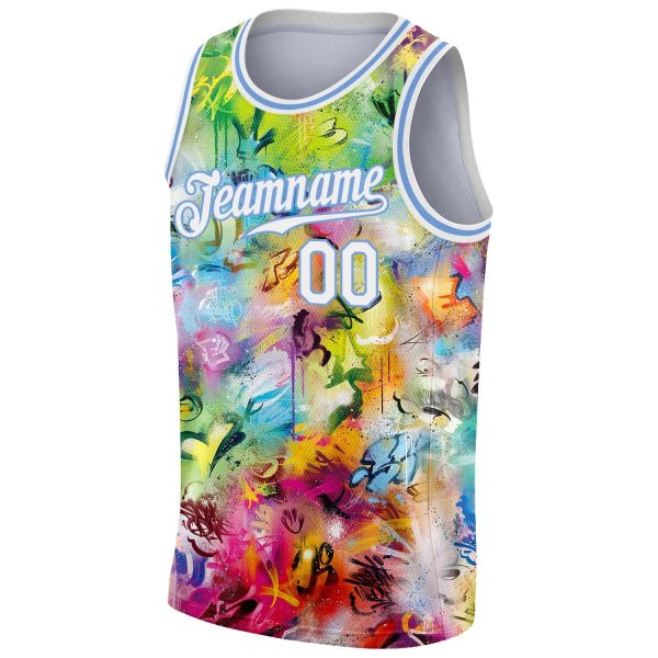 Scratch Graffiti Pattern White-Light Blue 3D Authentic Personalized Basketball Jersey - Image 5