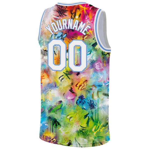 Scratch Graffiti Pattern White-Light Blue 3D Authentic Personalized Basketball Jersey - Image 6