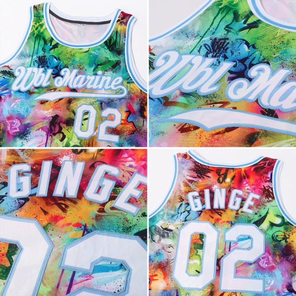 Scratch Graffiti Pattern White-Light Blue 3D Authentic Personalized Basketball Jersey - Image 7