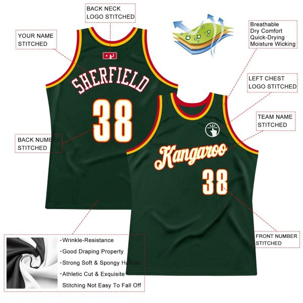 Hunter Green White-Red Authentic Throwback Personalized Basketball Jersey - Image 2