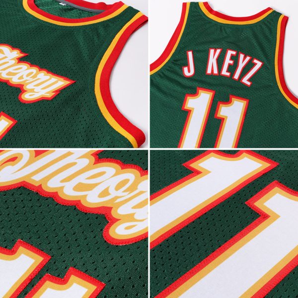Hunter Green White-Red Authentic Throwback Personalized Basketball Jersey - Image 5