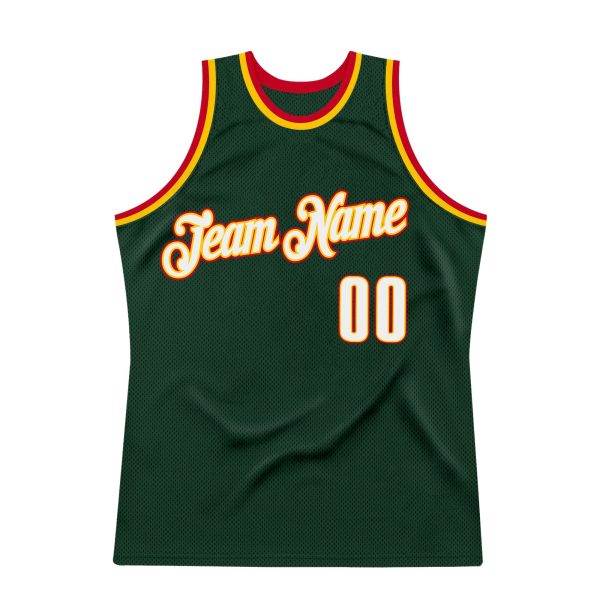 Hunter Green White-Red Authentic Throwback Personalized Basketball Jersey - Image 7