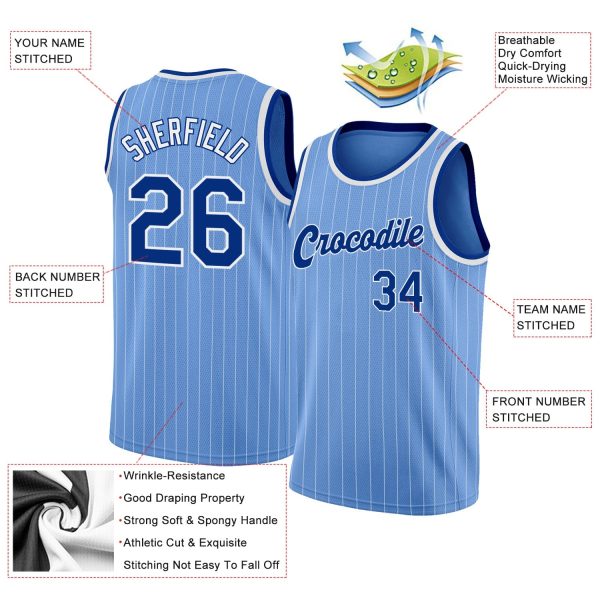 Light Blue White Pinstripe Royal-White Authentic Personalized Basketball Jersey - Image 2