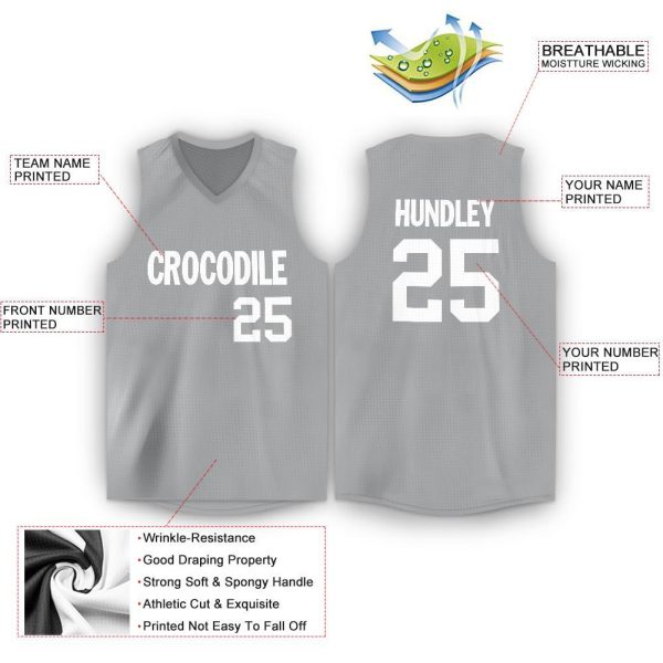 Gray White V-Neck Personalized Basketball Jersey - Image 3