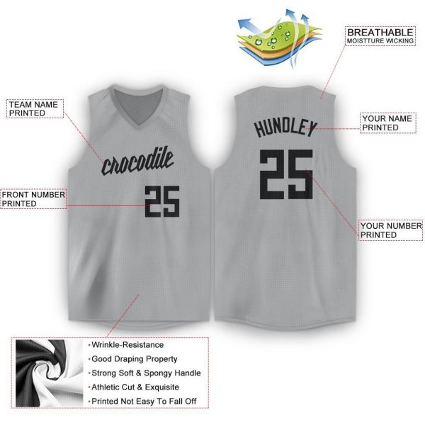 Gray Black V-Neck Personalized Basketball Jersey - Image 3