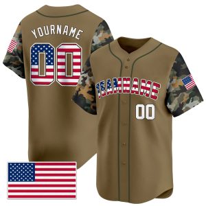 Brown White Camo Personalized Baseball Jersey -  USA Flag Patch