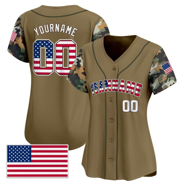 Brown White Camo Personalized Baseball Jersey -  USA Flag Patch - Image 2