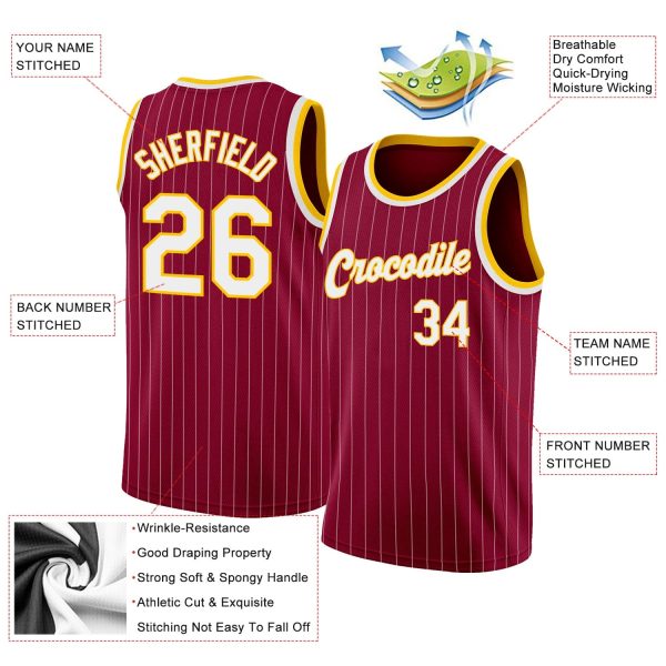 Maroon White Pinstripe White-Gold Authentic Personalized Basketball Jersey - Image 2