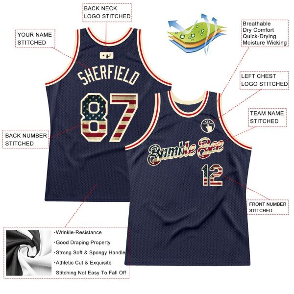 Navy Vintage USA Flag-Cream Authentic Throwback Personalized Basketball Jersey - Image 2