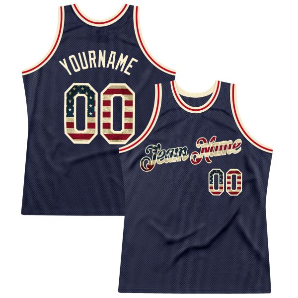 Navy Vintage USA Flag-Cream Authentic Throwback Personalized Basketball Jersey