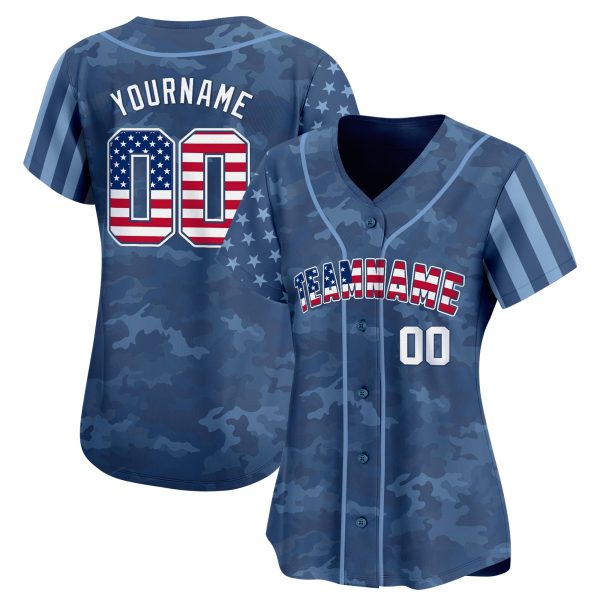 Blue USA Flag - White Navy Camo Personalized Baseball Jersey - Image 2