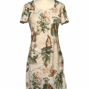 Orchid Monstera Beige A-Line Dress with Cap Sleeves for Beach and Casual Wear