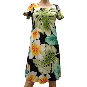 Mega Plumeria Black A-Line Dress with Cap Sleeves for Beach and Casual Wear