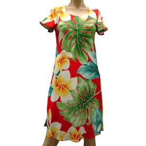 Mega Plumeria Red A-Line Dress with Cap Sleeves for Beach and Casual Wear