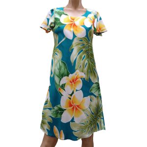 Mega Plumeria Blue A-Line Dress with Cap Sleeves for Beach and Casual Wear