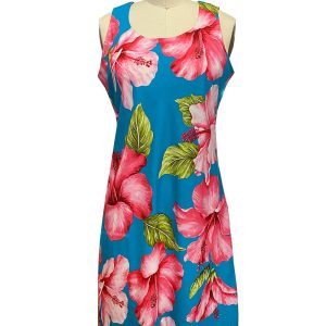 Hawaiian Super Hibiscus Teal Button Front Tank Dress