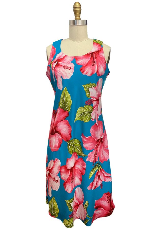 Hawaiian Super Hibiscus Teal Button Front Tank Dress