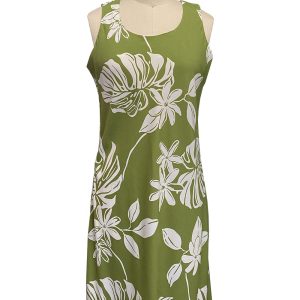 Hawaiian Tiare Fest Green Button Front Tank Dress