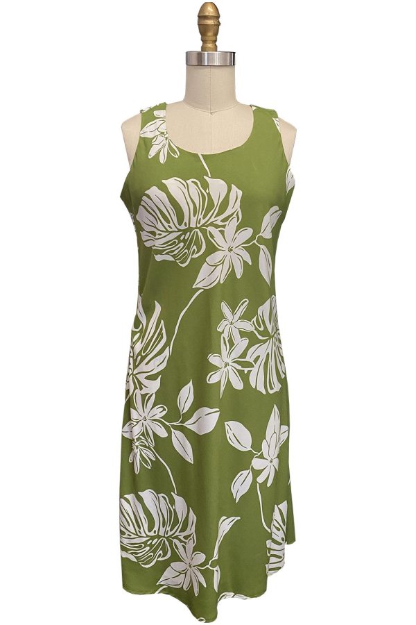 Hawaiian Tiare Fest Green Button Front Tank Dress