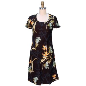 Hawaiian Bamboo Paradise Black A-Line Dress with Cap Sleeves