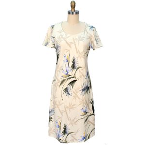 Hawaiian Bamboo Paradise Cream A-Line Dress with Cap Sleeves