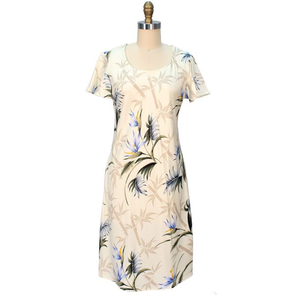 Hawaiian Bamboo Paradise Cream A-Line Dress with Cap Sleeves
