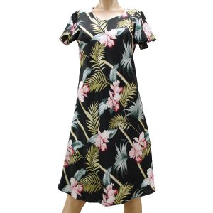 Bamboo Orchid Black A-Line Dress with Cap Sleeves for Beach and Casual Wear
