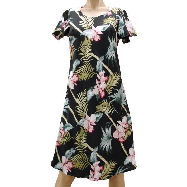 Bamboo Orchid Black A-Line Dress with Cap Sleeves for Beach and Casual Wear