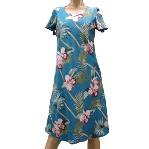 Bamboo Orchid Blue A-Line Dress with Cap Sleeves for Beach and Casual Wear