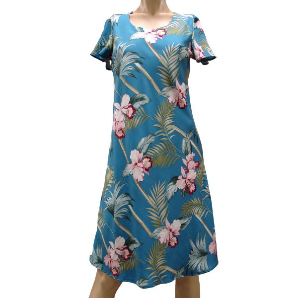 Bamboo Orchid Blue A-Line Dress with Cap Sleeves for Beach and Casual Wear
