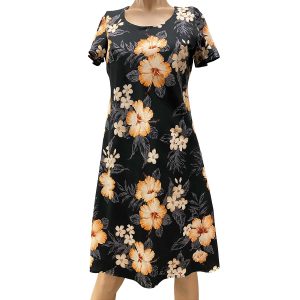 Hawaiian Hibiscus Resort Black A-Line Dress with Cap Sleeves
