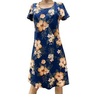 Hawaiian Hibiscus Resort Navy A-Line Dress with Cap Sleeves