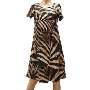 Islander Fronds Black A-Line Dress with Cap Sleeves for Beach and Casual Wear