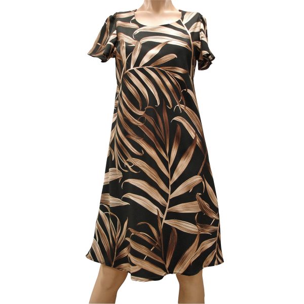 Islander Fronds Black A-Line Dress with Cap Sleeves for Beach and Casual Wear