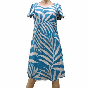 Hawaiian Islander Fronds Blue A-Line Dress with Cap Sleeves