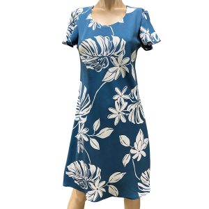 Hawaiian Tiare Fest Blue A-Line Dress with Cap Sleeves
