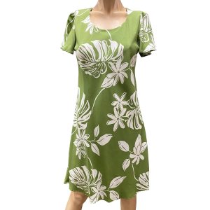 Hawaiian Tiare Fest Green A-Line Dress with Cap Sleeves