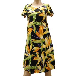 Watercolor Paradise Black A-Line Dress with Cap Sleeves for Beach and Casual Wear