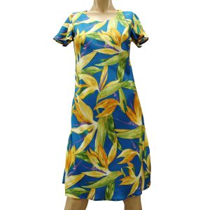 Watercolor Paradise Blue A-Line Dress with Cap Sleeves for Beach and Casual Wear