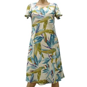 Watercolor Paradise Cream A-Line Dress with Cap Sleeves for Beach and Casual Wear